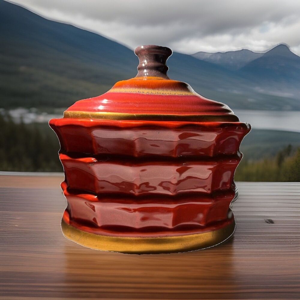 Uttermost Ceramic Canister Cookie Jar with Lid ~ Large Red & Gold Waffle Pattern